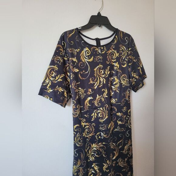 Formal Elegant Midi Dress Church Gold Black Half Sleeve Waist Tie Modest 2XL - Picture 6 of 10